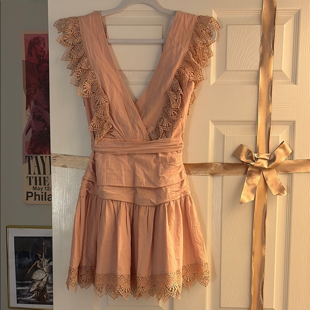 Elegant Lace Trim Peach Dress